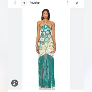 Agua Bendita Floral Halter Maxi Dress with Teal Fringe
